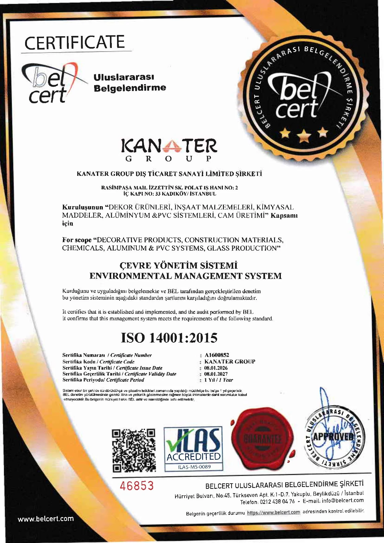 KANATER® group ISO14001 certificate