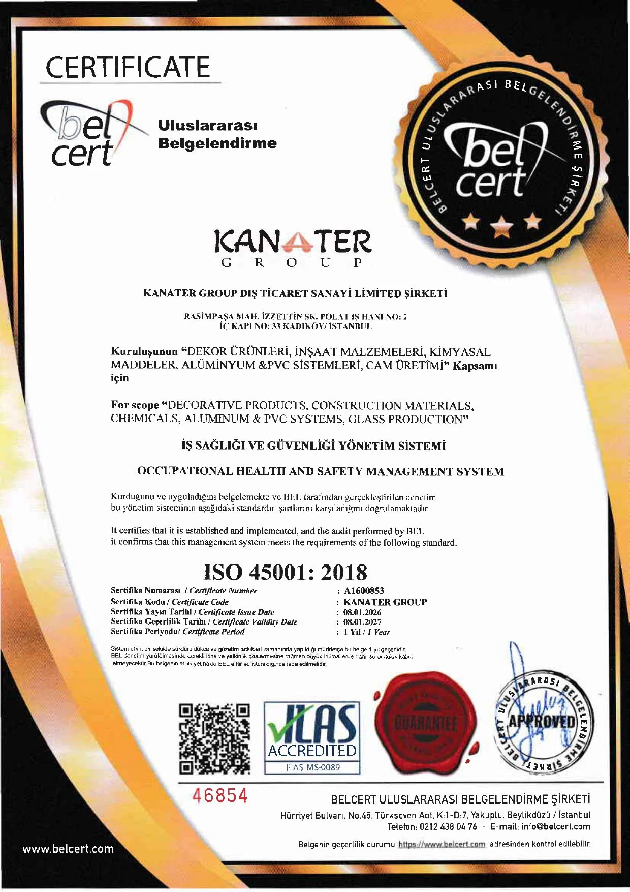 KANATER® group ISO45001 certificate
